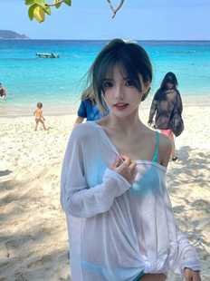 松弛感套头罩衫 微透海边度假比基尼泳衣外搭宽松性感防晒罩衣外套