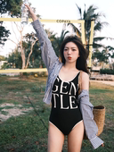 泰国设计感gentle泳衣女黑色字母小众修身 显瘦性感辣妹度假泳装 夏