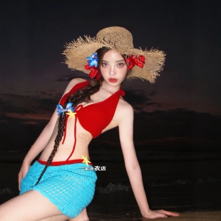 氛围感复古红蓝亮色拍照小海星比基尼女分体性感度假海边沙滩泳衣