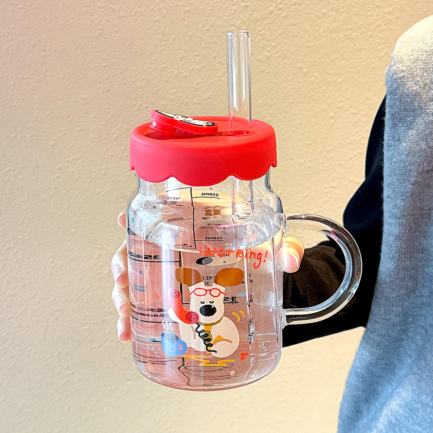吸管玻璃杯带把手大容量女生高颜值高硼硅办公室咖啡杯可爱水杯子