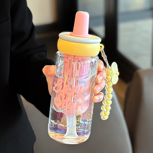玻璃杯女高颜值便携ins风高级感渐变水杯带盖加厚精致外出随行杯