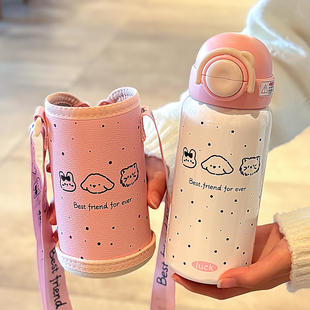316不锈钢儿童保温杯食品级儿童背带款男女孩双饮吸管杯子大容量