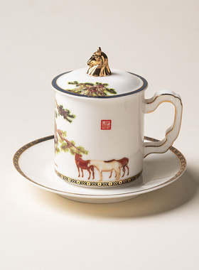 白瓷釉上彩百骏图带盖泡茶杯