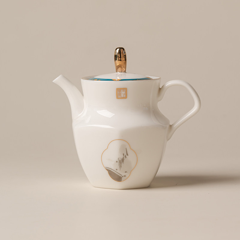 茗瓷点韩熙载夜宴图宋氏美学白瓷釉上彩描金茶壶带过滤茶具套装