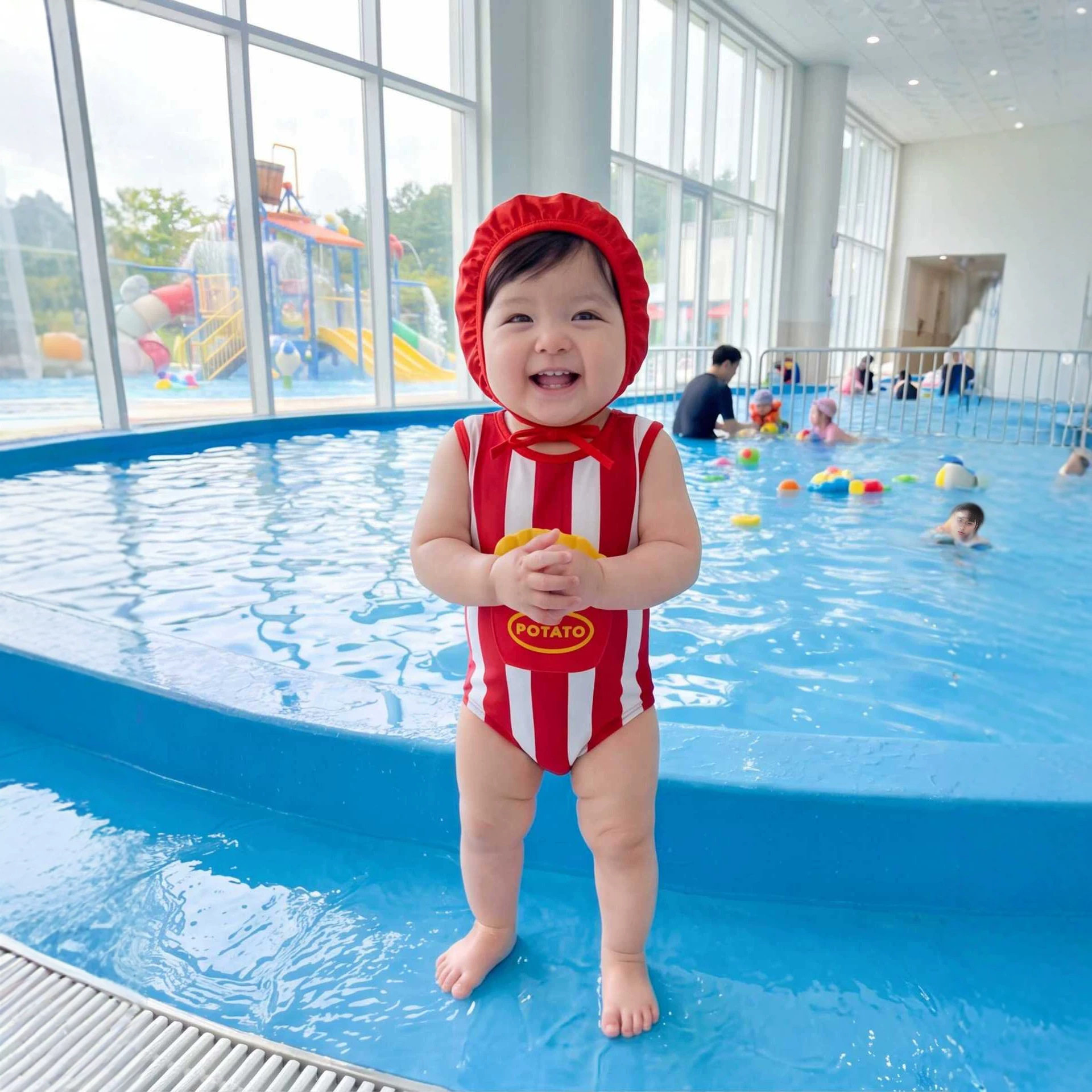26夏季韩版婴儿连体泳装ins款可爱薯条造型游泳衣宝宝速干两件套