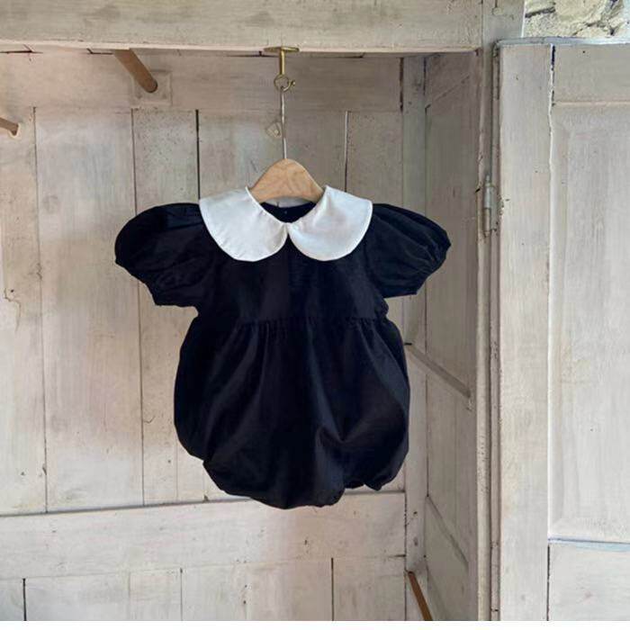 ins款夏婴幼儿宝宝泡泡袖娃娃领哈衣女宝宝拼色包屁衣黑色哈衣