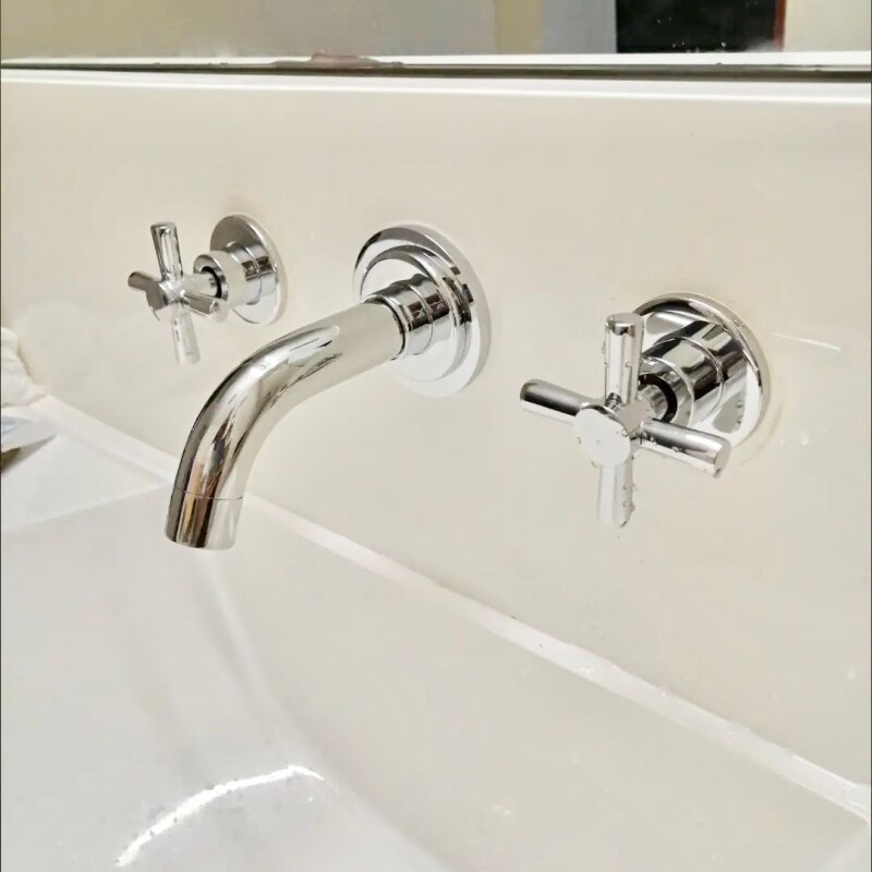 三孔面盆水龙头全铜浴室柜双把入墙式三件套洗脸十字分体冷热龙头