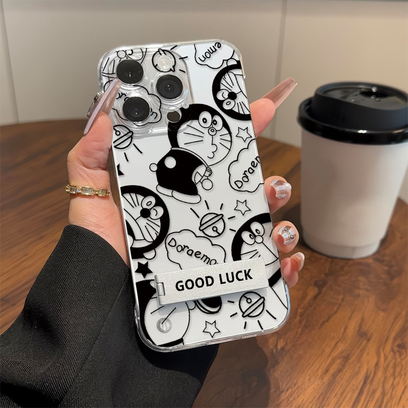满屏叮当猫iPhone16ProMax手机壳带支架Nova14卡通苹果12高级感适用小米15荣耀X60GT透明超薄一加13T无边框硬