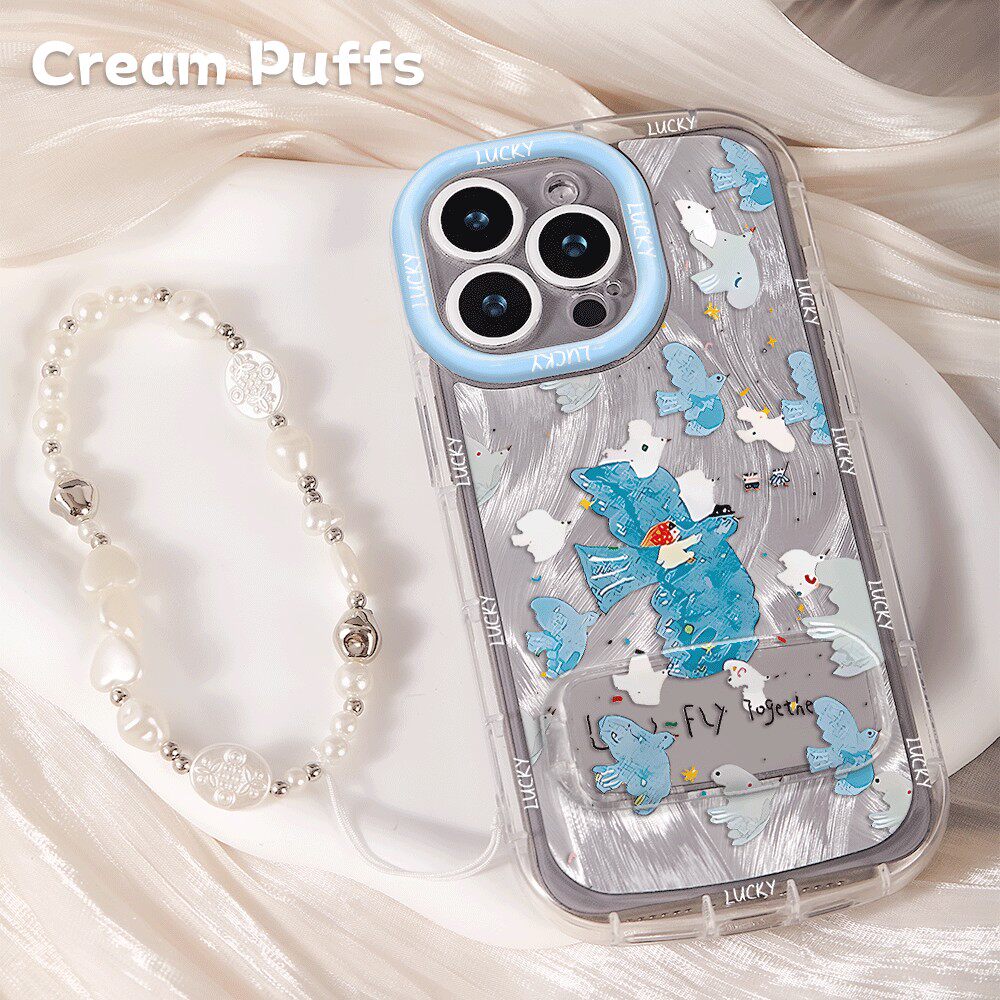苹果14手机壳软小米17艺术小鸟小孩k90适用iPhone16带挂绳15plus镜子支架12羽纱泡芙13ProMax少女心IQOONEO11