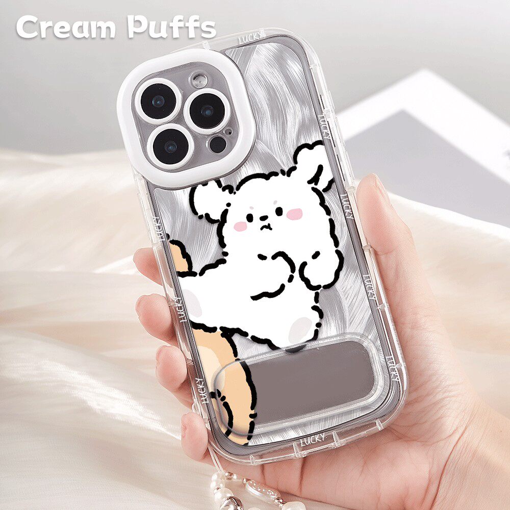 一加ACE6镜子支架iPhone14少女心17ProMax可爱飞踢小狗手机壳软12苹果13羽纱泡芙OPPOReno15带挂绳适用16plus