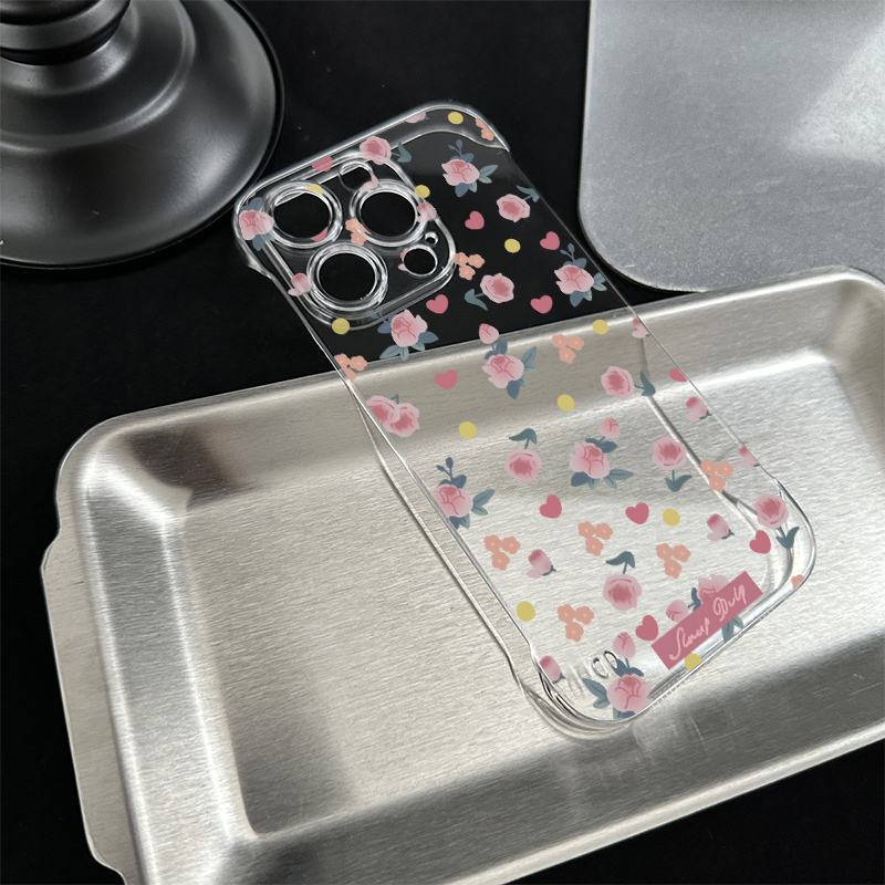 iPhone16透明15适用硬14plus无边框苹果13超薄手机壳带支架12ProMax高级感爱心玫瑰花OPPOReno14小米CIVI5PRO