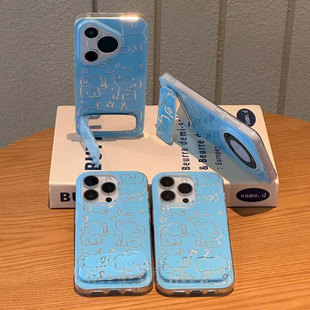iPhone15少女心OPPOReno14硬可爱一加12羽纱16线条小象13ProMax手机壳VIVOs30苹果17适用带镜子支架荣耀POWER