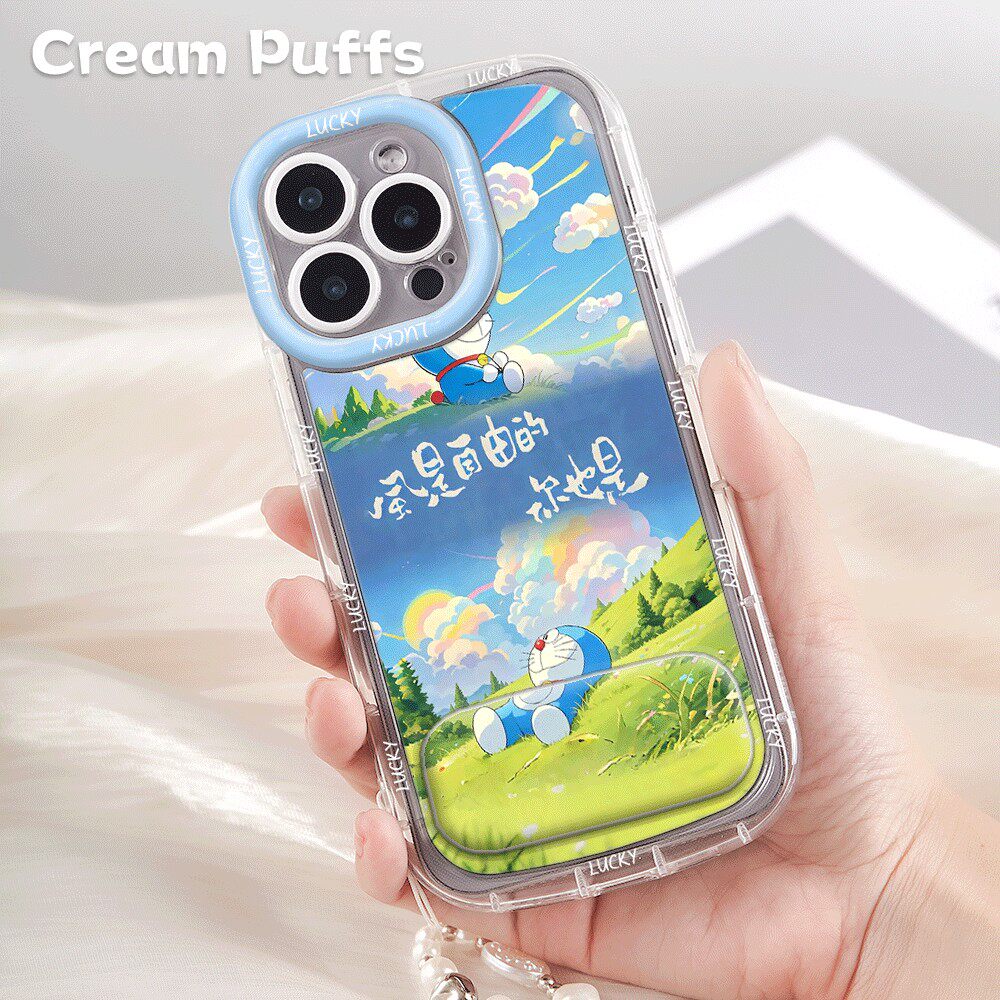 iPhone14适用OPPORENO15云朵叮当猫带挂绳16plus高颜值手机壳软苹果13p镜子支架小米17ProMax可爱VIVOS50卡通