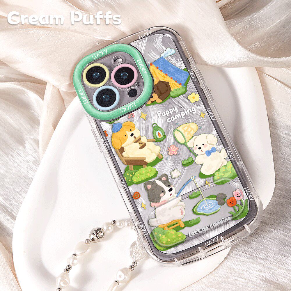 羽纱泡芙软13情侣春日钓鱼小狗VIVOx300手机壳带挂绳16镜子支架iPhone14苹果12适用小米17ProMax少女心15plus