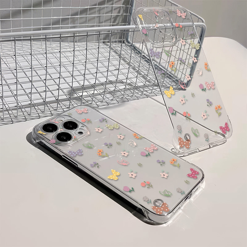 一加ACE5透明iPhone14小蝴蝶与花无边框硬16plus适用12高级感真我neo7小清新苹果15ProMax超薄13手机壳带支架