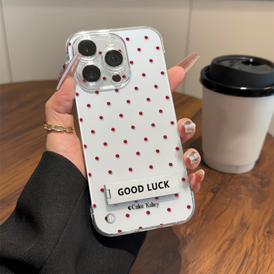 苹果13ProMax简约波点红无边框硬16透明OPPORENO14超薄高级感适用iPhone15手机壳带支架创意12真我gt7pro竞速
