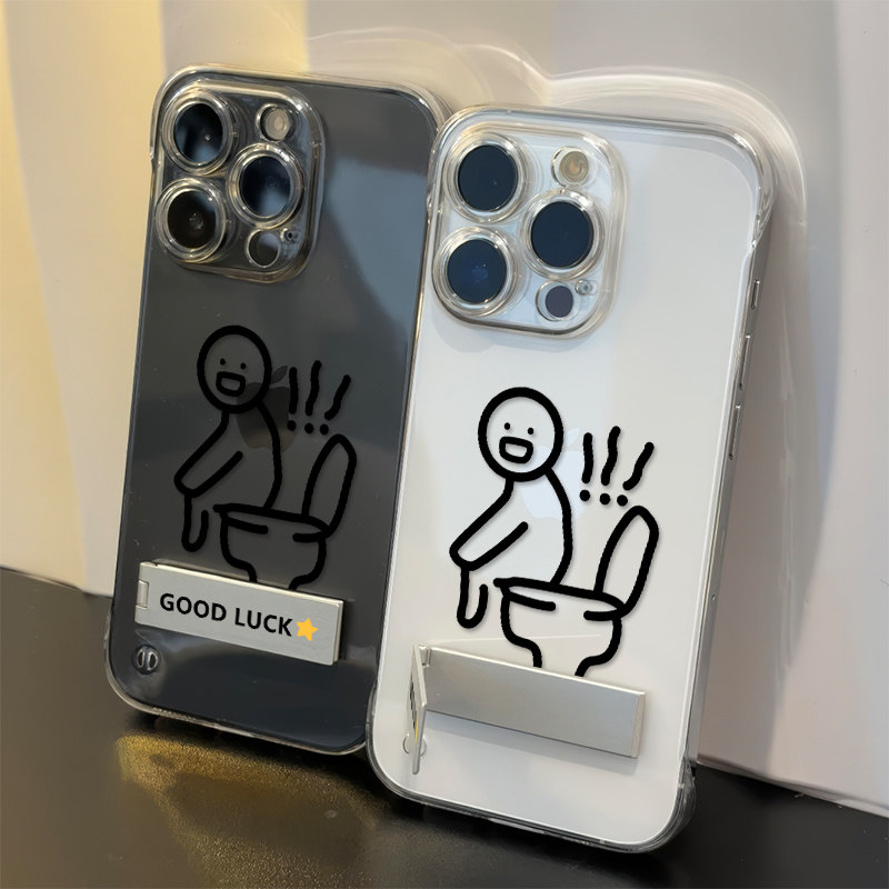 VIVO华为13无边框iPhone16蹲马桶超薄OPPOfindx8适用12promax苹果15荣耀14透明硬小米手机壳带支架iQOOz8趣味
