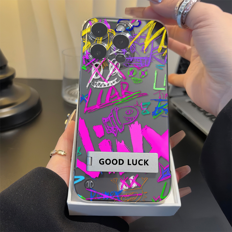 VIVOy500手机壳带支架硬iPhone15无边框12ProMax超薄苹果13涂鸦金克丝OPPOReno14卡通16PLUS适用高级感小米17