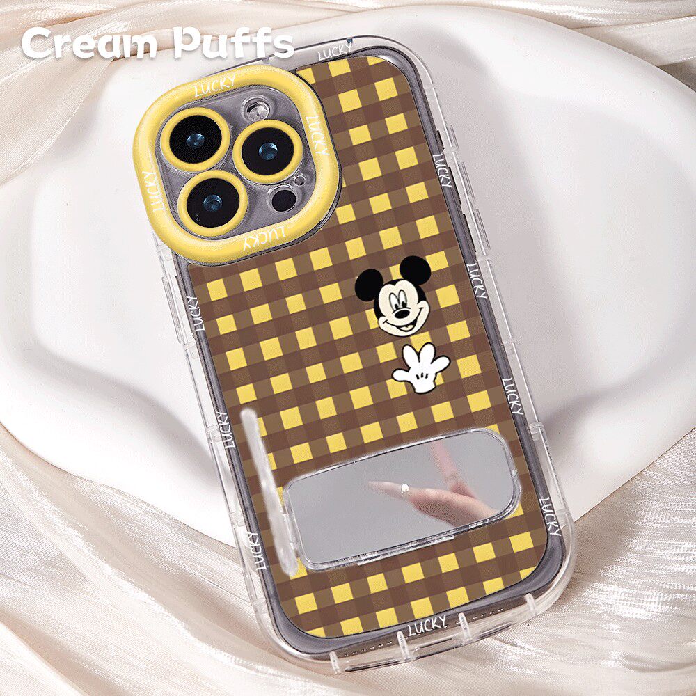 黄棕格纹米奇iPhone13创意带挂绳14plus手机壳荣耀MGIC8小米17Ultra软适用苹果15镜子支架16ProMax卡通麦芒40