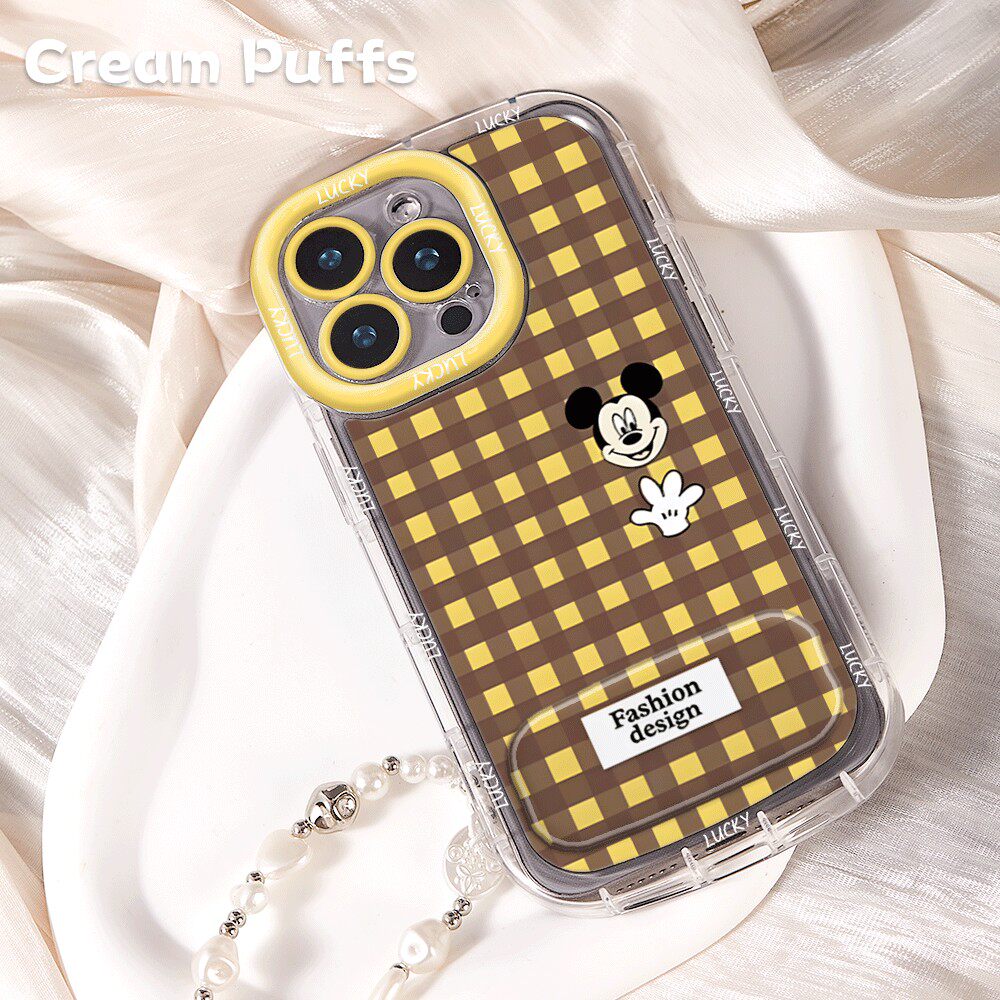 黄棕格纹米奇iPhone13创意带挂绳14plus手机壳荣耀MGIC8小米17Ultra软适用苹果15镜子支架16ProMax卡通麦芒40