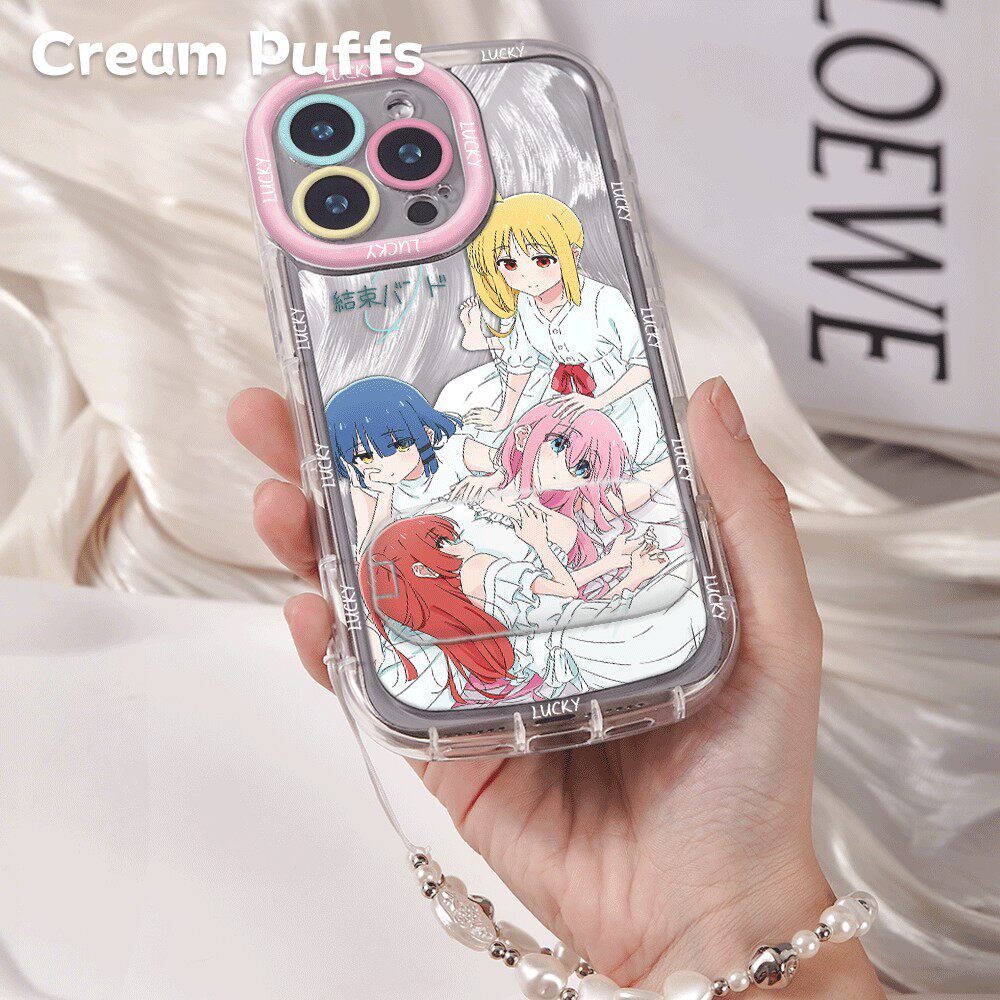 OPPOReno15适用带挂绳13少女心苹果12卡通手机壳软羽纱泡芙iPhone16孤独摇滚乐队14plus镜子支架小米17ProMax