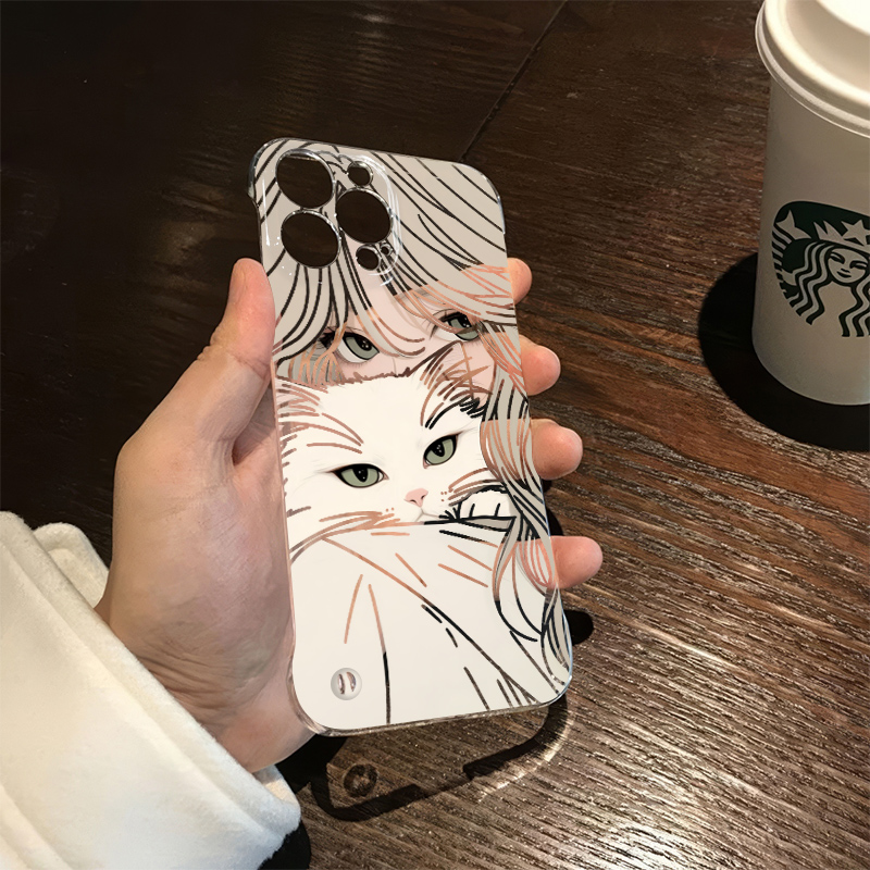 iPhone无边框女孩和猫VIVO荣耀OPPO小米苹果15适用16超薄14透明硬iQOO13少女心华为12promax手机壳带支架可爱