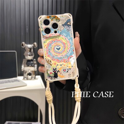 苹果16斜挎手腕挂绳14防摔15plus手机壳软12少女心红米k90ProMax炫涡爱心猫x200s适用iPhone17四角开孔13透明