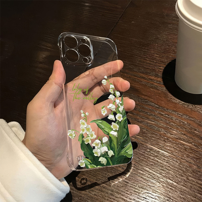 透明12硬苹果16无边框适用15pro超薄iPhone14春天铃兰花OPPOfindx8手机壳带支架13promax红米k80高级感mate70