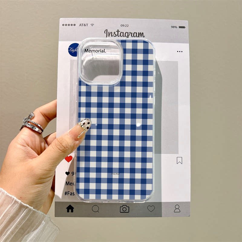 红米note14适用硬13ProMax大孔苹果16小清新15plus手机壳带挂绳iPhone12百搭蓝白格子OPPOFINDX8ULTRA创意s30