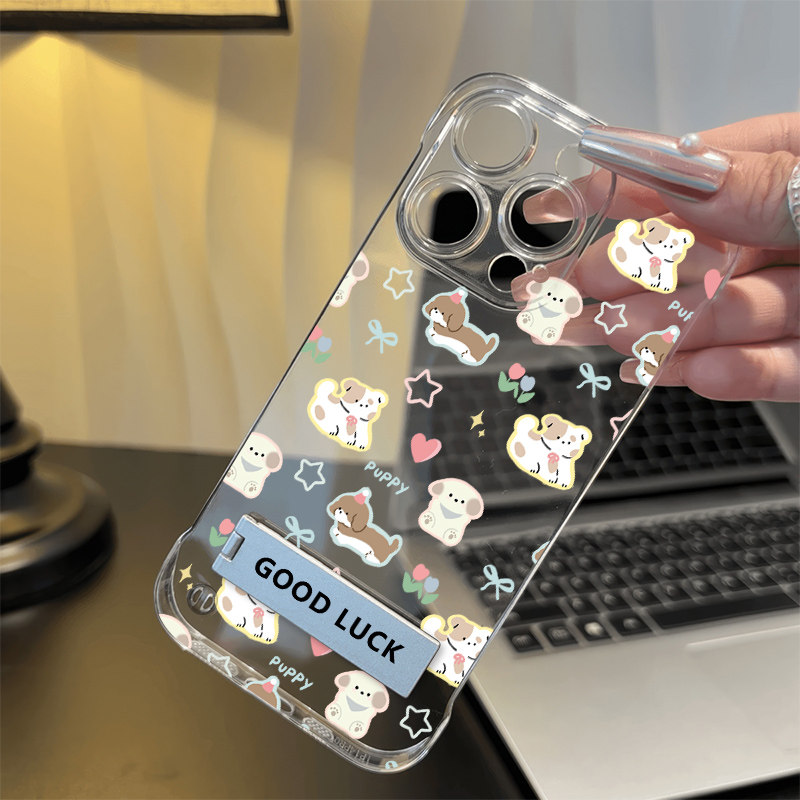 花朵小狗红米k80适用16plus无边框小米15Ultra超薄苹果14promax手机壳带支架OPPOReno13透明iPhone12高级感硬