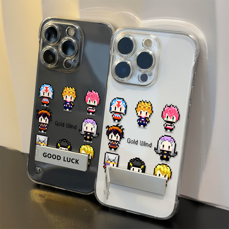 苹果15plus无边框13透明12超薄14ProMax适用iPhone17手机壳带支架16高级感硬像素风JOJO华为Mate70创意iQOOz9