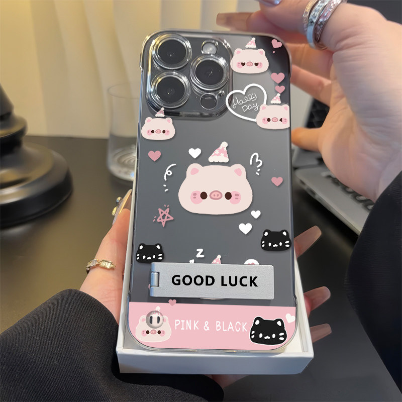 手机壳带支架13ProMax高级感无边框16PLUS透明适用可爱OPPORENO14超薄硬iPhone12黑猫粉猪苹果15小米CIVI4PRO