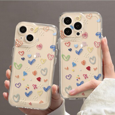 苹果15简笔彩色爱心手机壳iPhone16ProMax红米K80小众适用Reno14创意IQOO13透明软华为Nova12活力版VIVOX200S