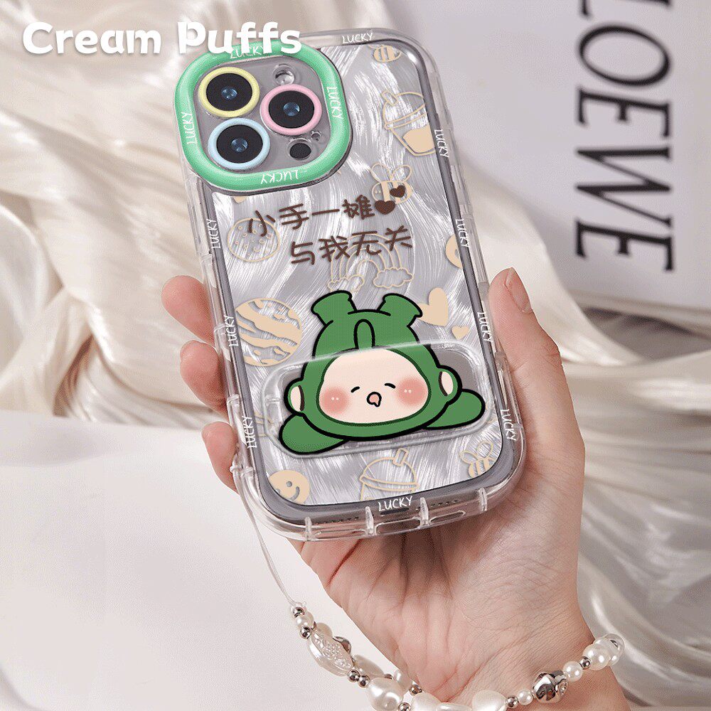 iPhone17适用16pro带挂绳真我15T高颜值卡通荣耀畅玩70PLUS手机壳软苹果13镜子支架14ProMax可爱摊手天线宝宝