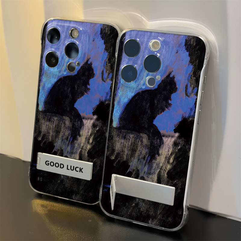 黑猫无边框iPhone16E手机壳带支架NOVA13适用NOTE14透明12ProMax超薄荣耀X70I高级感IQOONEO10苹果15硬艺术女