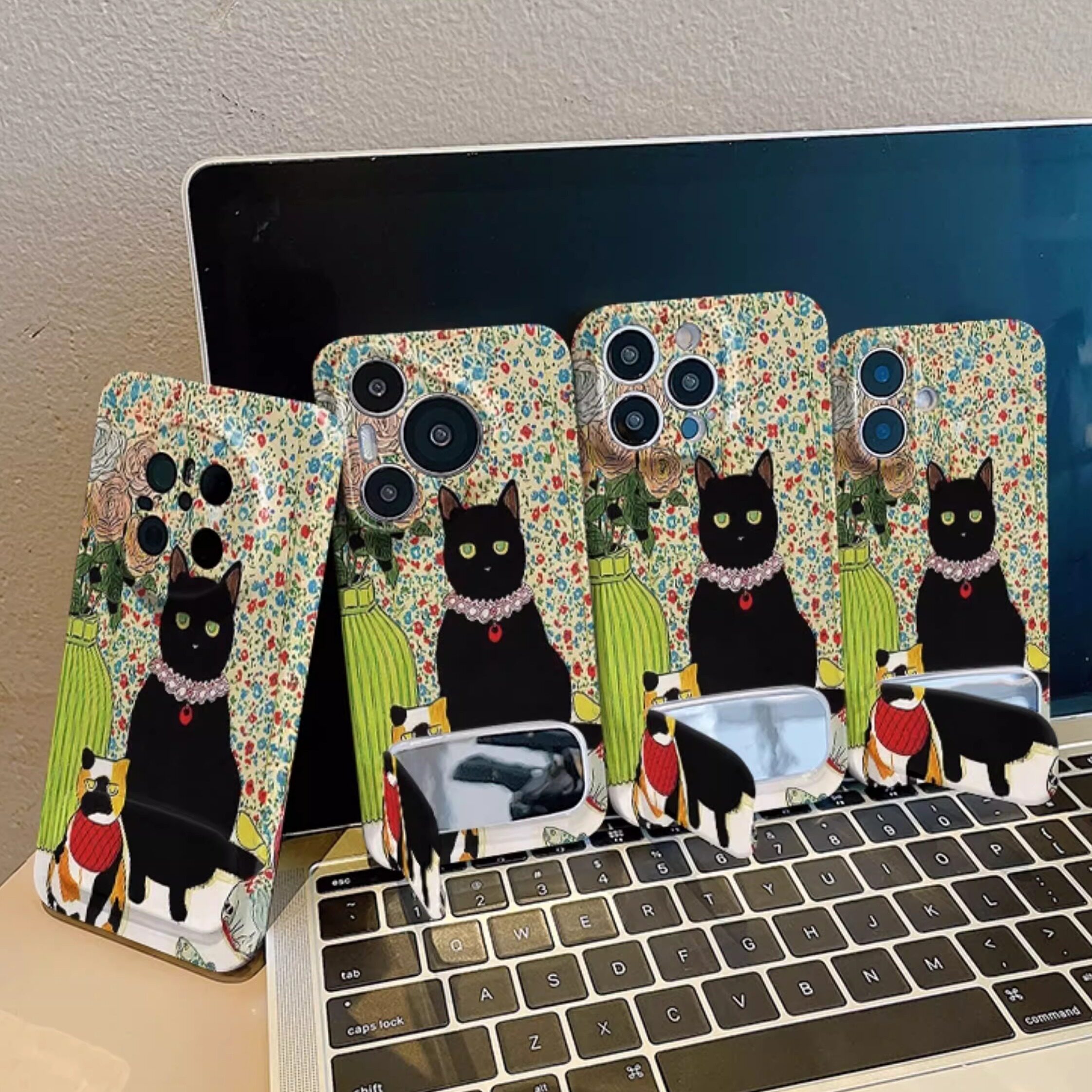花盆猫咪OPPOReno14适用高级感16PLUS带镜子支架ins风苹果12ProMax创意硬小米15菲林VIVOX200S手机壳iPhone13