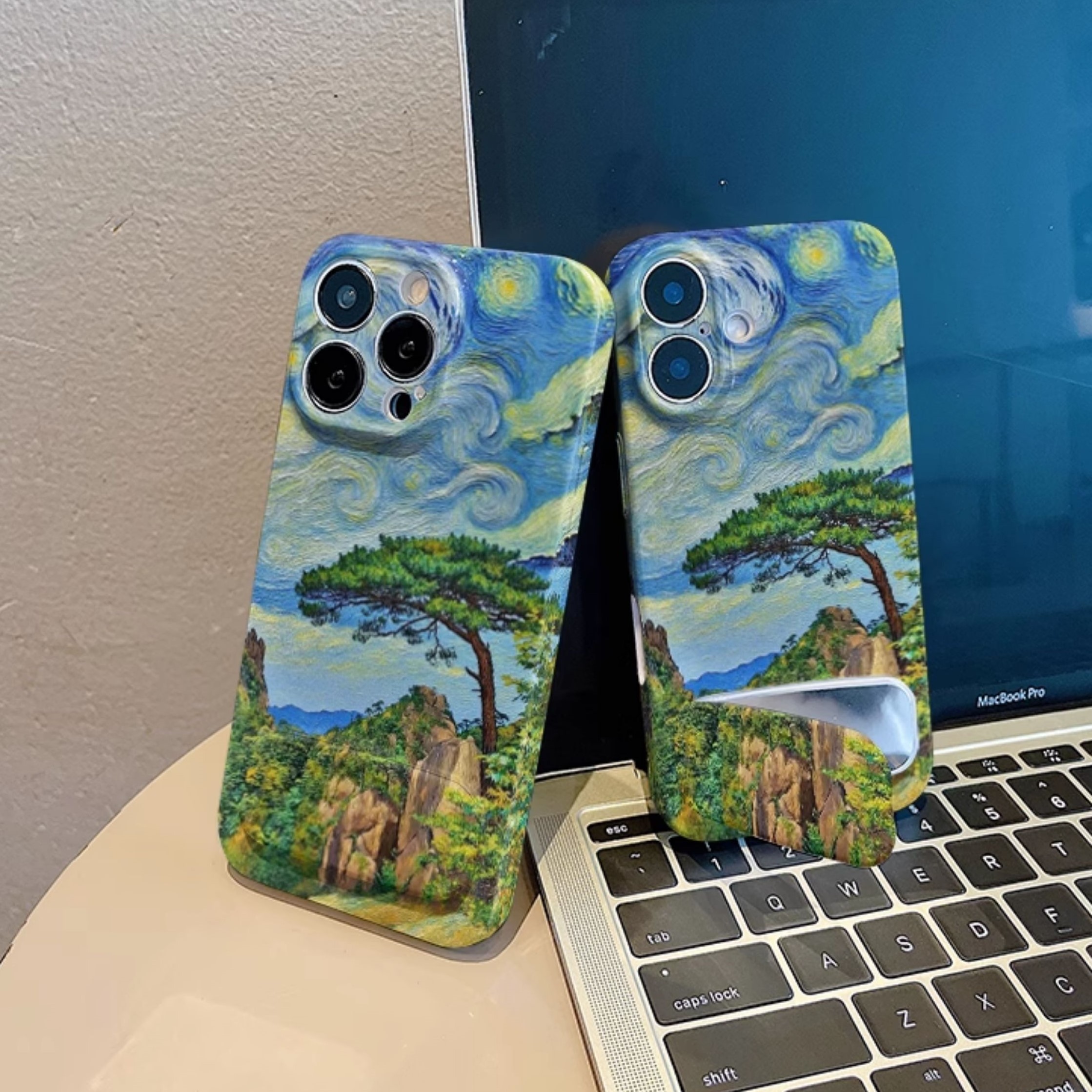 带镜子支架iPhone15高级感适用14ProMax小众苹果12创意13油画梵高山川FINDX8手机壳菲林硬16PLUS小米CIVI5PRO