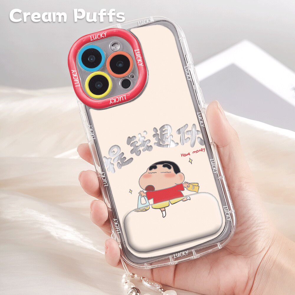 iPhone13适用OPPORENO15可爱带挂绳16plus提钱退休小新高颜值手机壳软苹果14镜子支架小米17ProMax卡通麦芒40