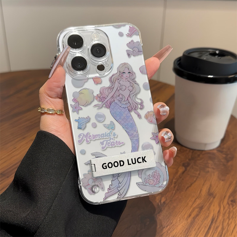 14plus手机壳带支架苹果13高级感12ProMax适用硬红米TURBO4可爱美人鱼iPhone16超薄无边框15透明VIVOx100女款