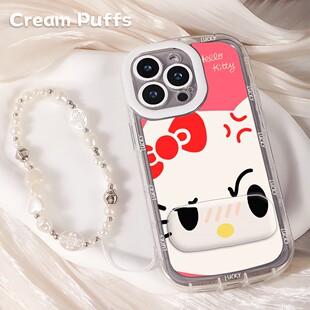 羽纱泡芙IQOONEO11适用生气kt猫16plus镜子支架iPhone15带挂绳小米17手机壳软k90卡通12苹果14少女心13ProMax