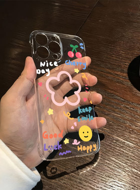 小清新无边框超薄VIVO线条花朵透明硬13苹果16手机壳带支架iPhone15荣耀华为OPPO适用12小众14Promax小米创意
