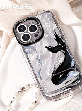 一加ACE6水墨鲸鱼iPhone15带挂绳16plus创意OPPOFINDX9手机壳软适用苹果14镜子支架小米17ProMax小众真我NEO8