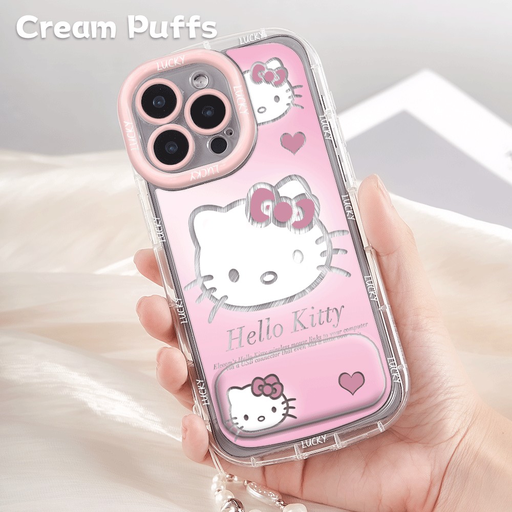 少女心14plus小米17可爱Kitty镜子支架13ProMax软羽纱泡芙真我GT8苹果16带挂绳手机壳适用iPhone12卡通Reno15