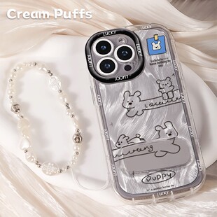 手机壳13简约可爱腊肠狗k90适用iPhone14plus镜子支架12ProMax软羽纱泡芙16带挂绳真我GT8苹果15少女心小米17