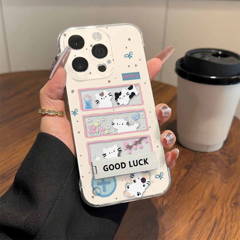 春日猫咪无边框iPhone15手机壳带支架RENO13适用荣耀GT透明NOVA12苹果16ProMax超薄NOTE14高级感Y300硬卡通女