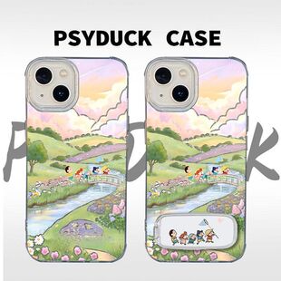 15plus手机壳硬iPhone13羽纱12ProMax适用华为NOVA14高级感苹果16带镜子支架OPPOFindx8春游小新荣耀x50i可爱