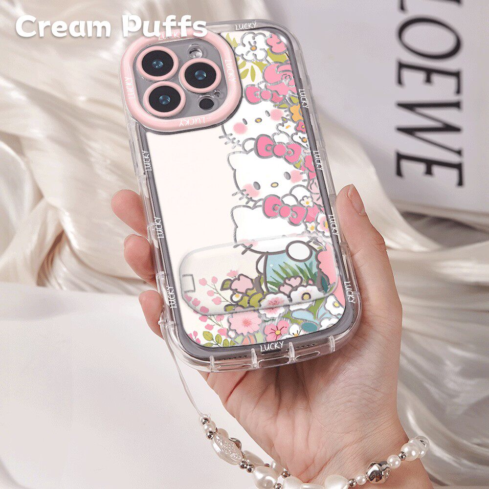 花丛凯蒂猫华为MATE80镜子支架可爱iPhone14pro适用17带挂绳15plus高颜值手机壳软苹果16ins风13ProMax少女心