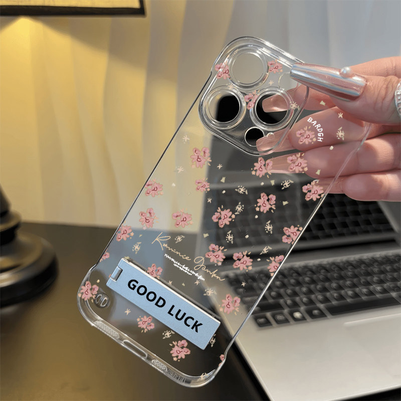 无边框iPhone15promax超薄红米note14手机壳带支架苹果16适用花朵OPPOReno13透明12pro硬华为mate70高级感s20