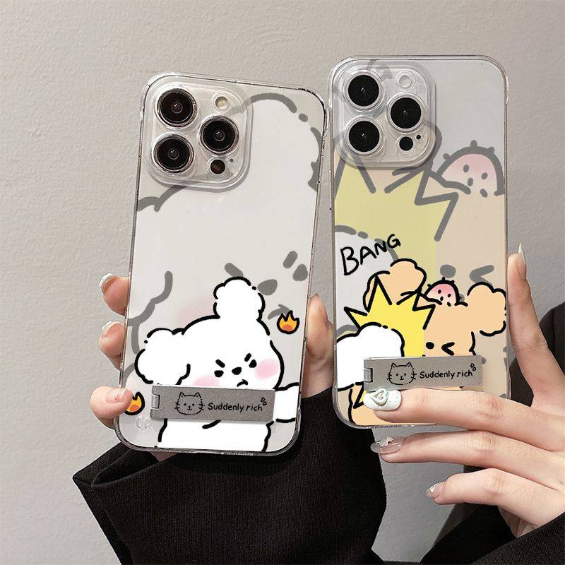 适用苹果16e透明iPhone14超薄无边框拳击情侣小狗Nova12高级感13ProMax卡通手机壳带支架硬15PLUS可爱荣耀400