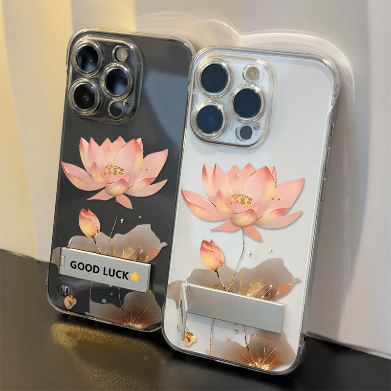 OPPO国风莲花15无边框华为12promax手机壳带支架荣耀90VIVOx200适用16超薄iPhone14plus小米苹果13透明中国风